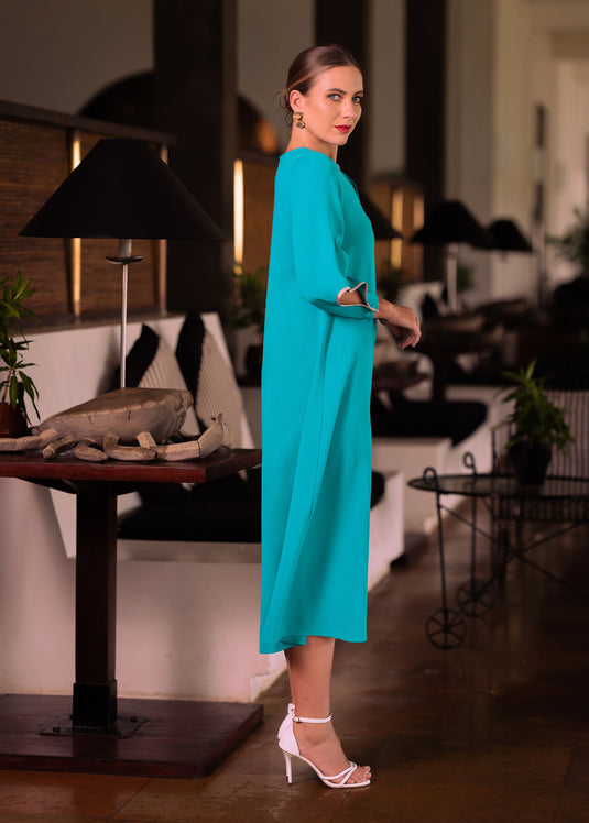 Midi dress with contrast piping and sleeve detail