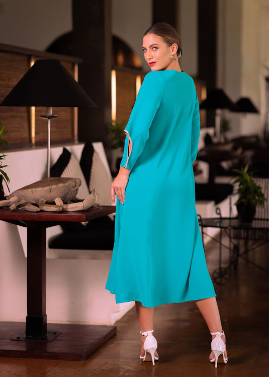 Midi dress with contrast piping and sleeve detail