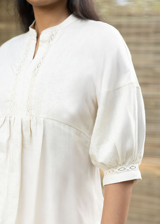 Linen Puff Sleeve Blouse With Crochet Lace Detail