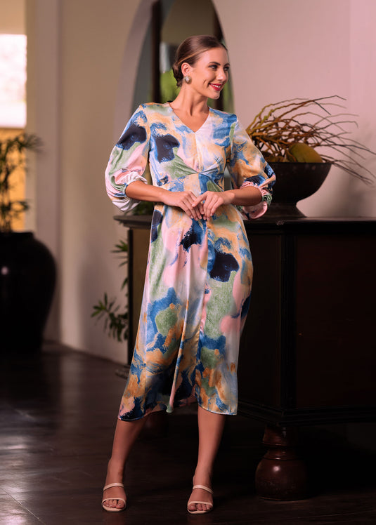 V neck printed midi dress with front drape