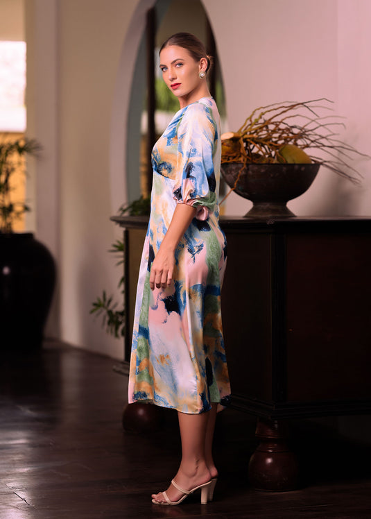 V neck printed midi dress with front drape