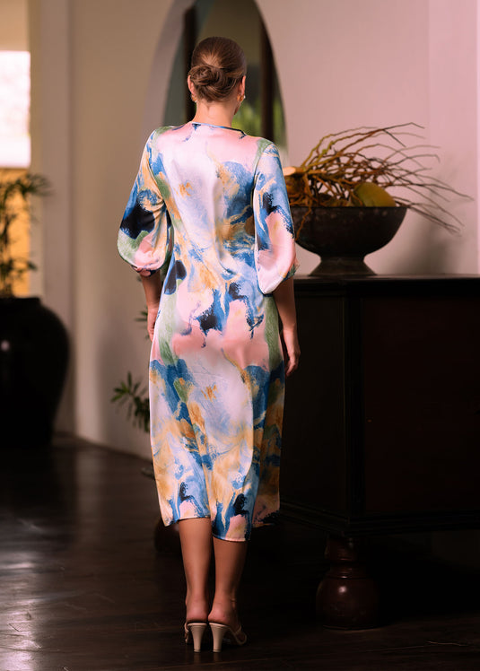 V neck printed midi dress with front drape