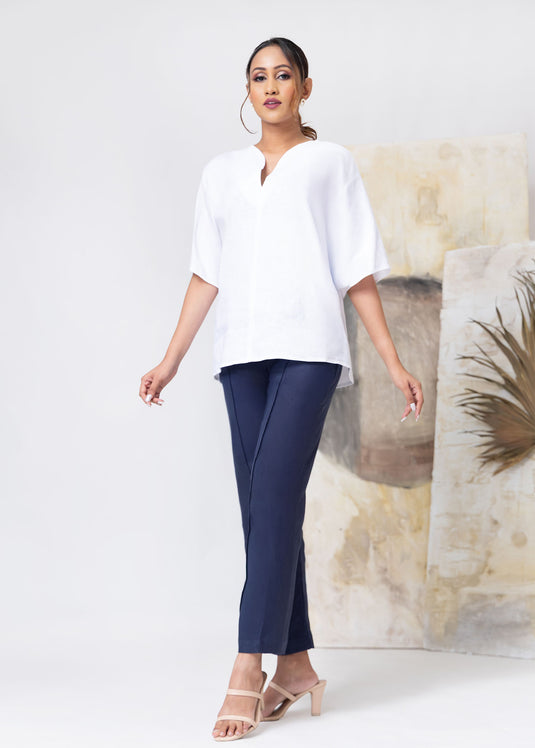 Kimono Sleeve Linen Blouse With Neck Detail