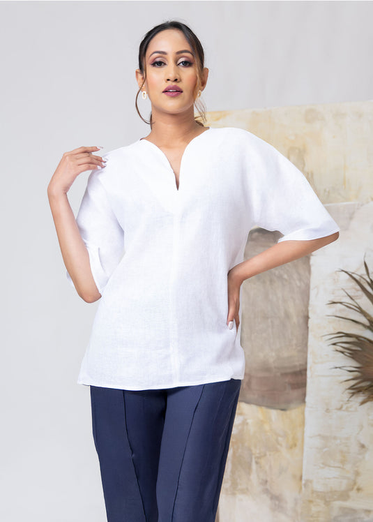 Kimono Sleeve Linen Blouse With Neck Detail