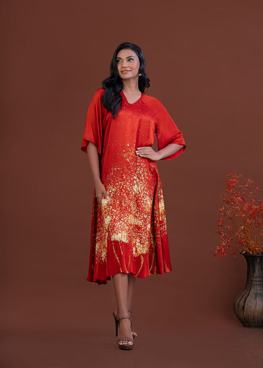 Batik bell sleeve flared dress