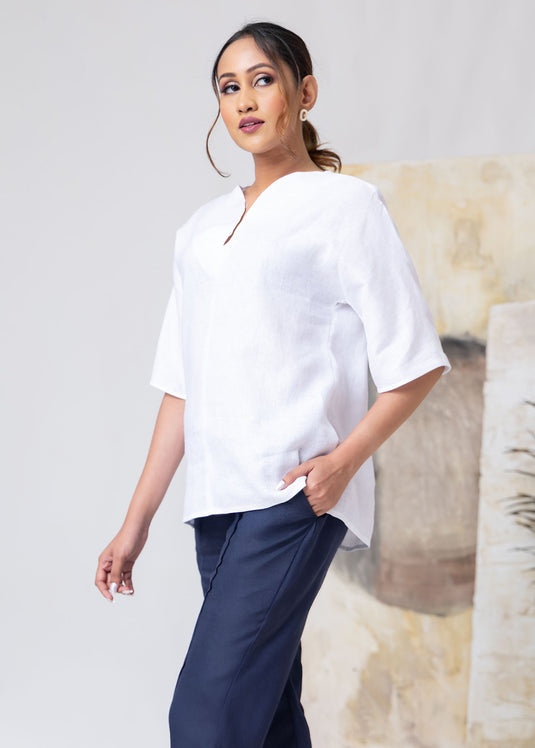 Kimono Sleeve Linen Blouse With Neck Detail
