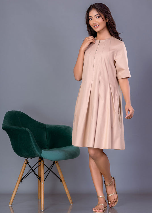 Cut panel dress with front metal zipper