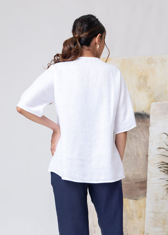 Kimono Sleeve Linen Blouse With Neck Detail