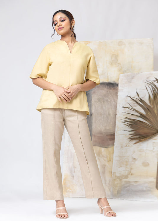 Kimono Sleeve Linen Blouse With Neck Detail