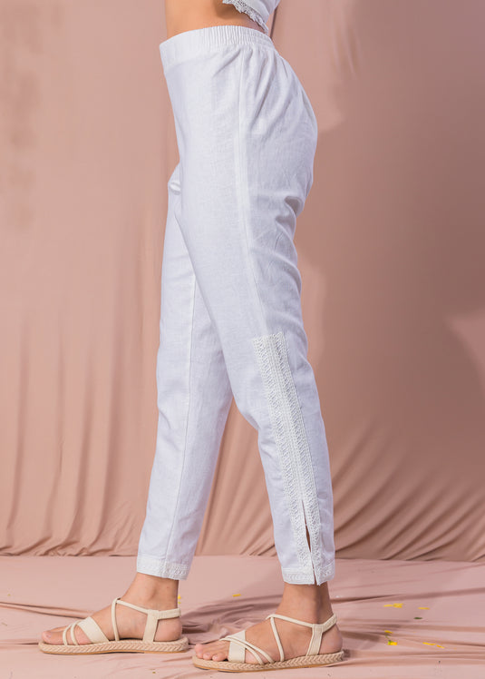 White Linen Pant With Lace Detail