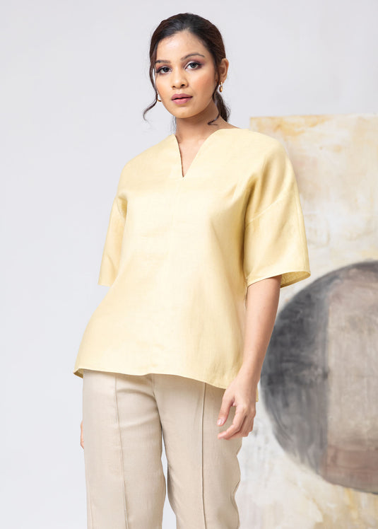 Kimono Sleeve Linen Blouse With Neck Detail