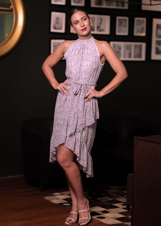 Printed halter neck dress with bottom frill detail