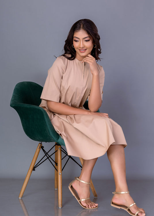 Cut panel dress with front metal zipper