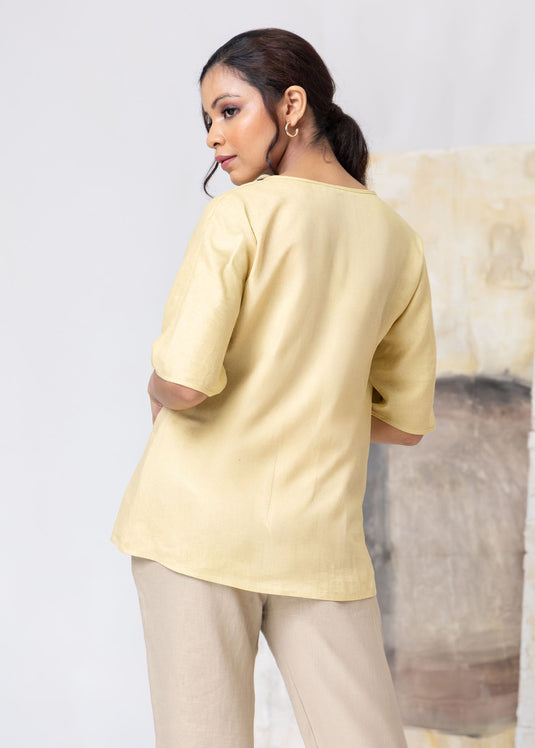 Kimono Sleeve Linen Blouse With Neck Detail