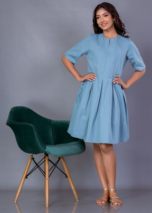 Cut panel dress with front metal zipper