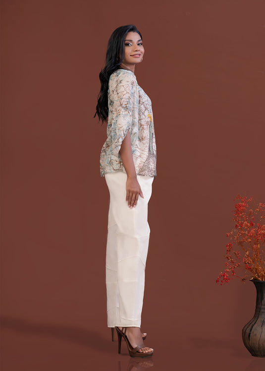 Batik jewel neckline puff sleeve top