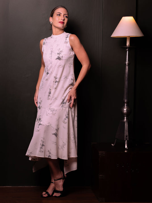 Printed sleeveless dress with tiered panel