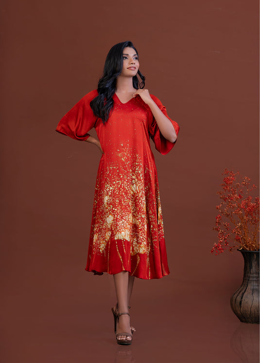 Batik bell sleeve flared dress