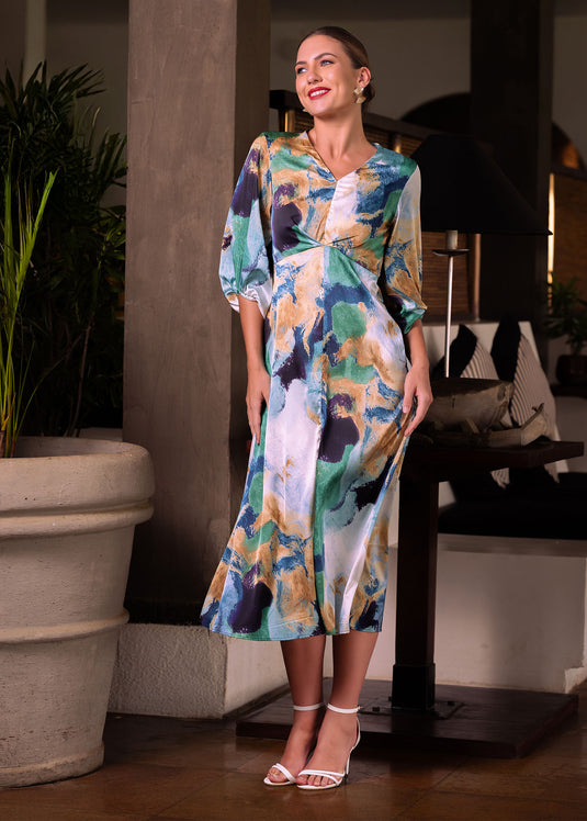 V neck printed midi dress with front drape