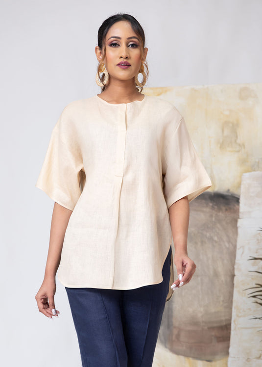 Drop Shoulder Linen Blouse With Front Pleat