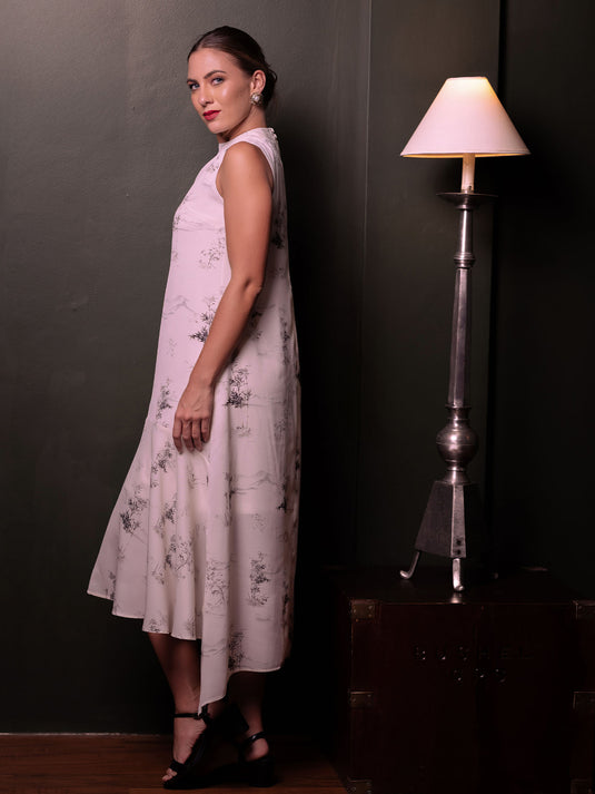 Printed sleeveless dress with tiered panel