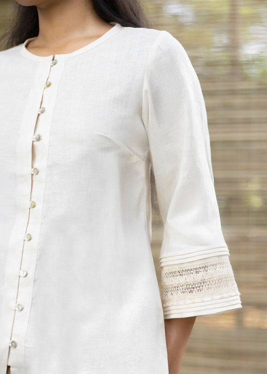 Round Neck Linen Blouse With Crochet Lace Detail