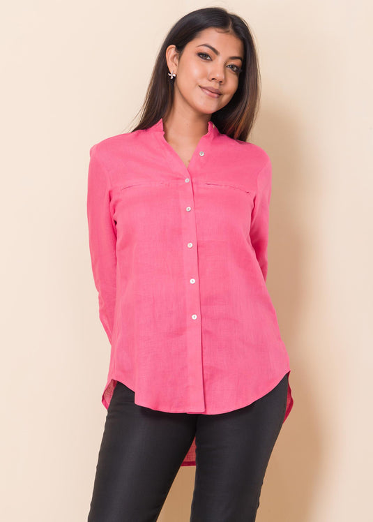 Long sleeve linen shirt with welt pockets