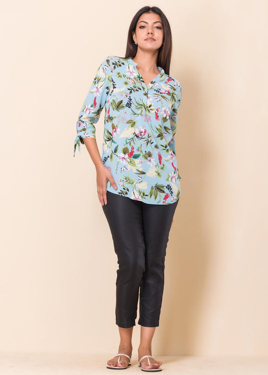 Floral printed blouse with sleeve ties