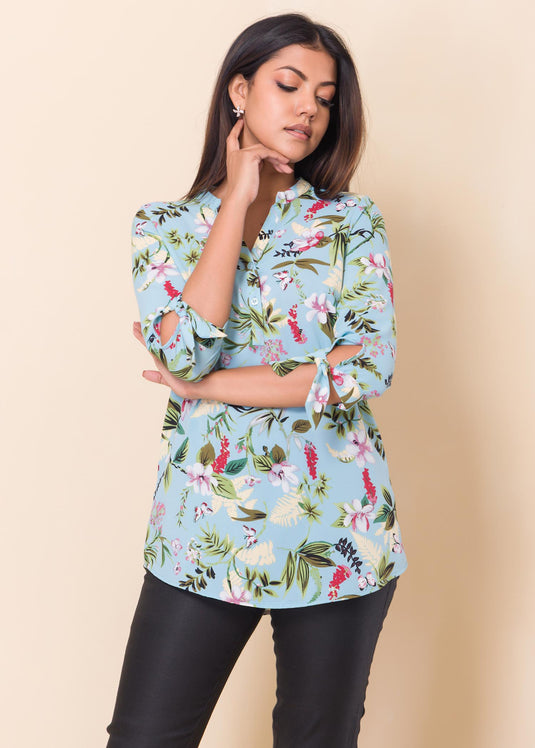 Floral printed blouse with sleeve ties