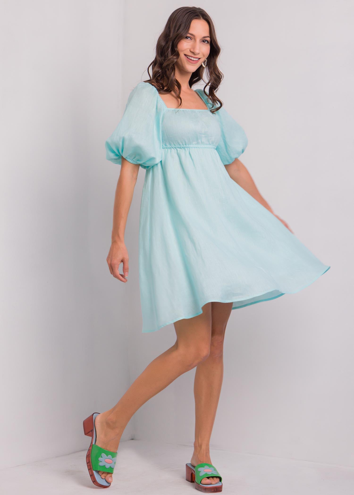 Linen Dress With Puff Sleeves