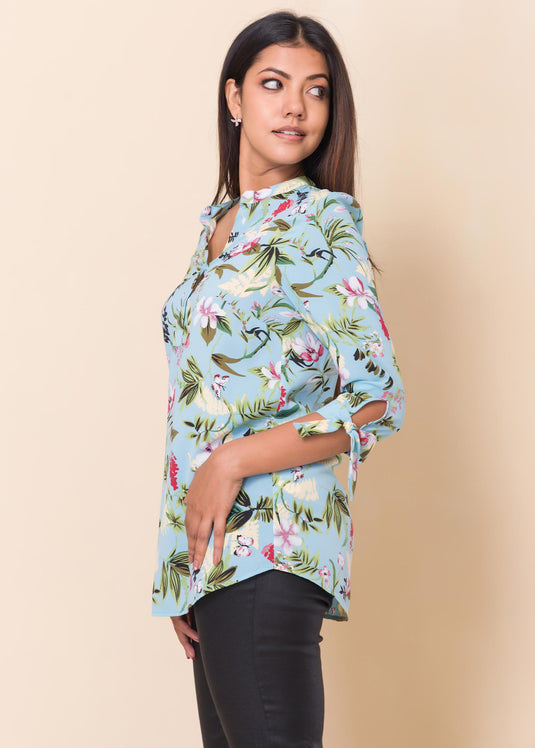 Floral printed blouse with sleeve ties