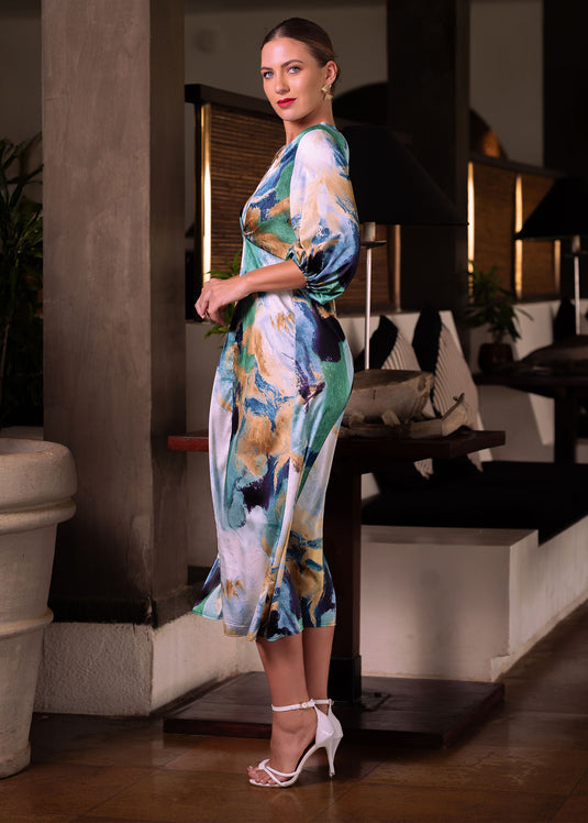 V neck printed midi dress with front drape
