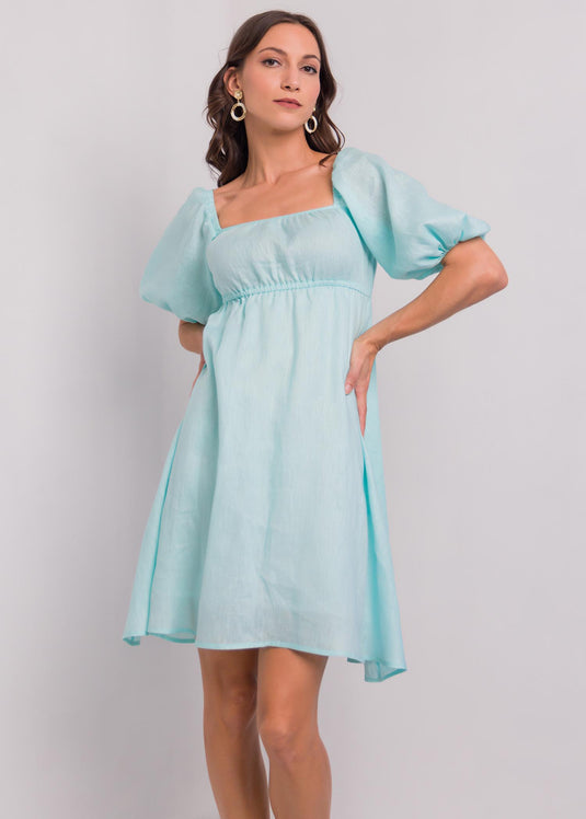 Linen Dress With Puff Sleeves