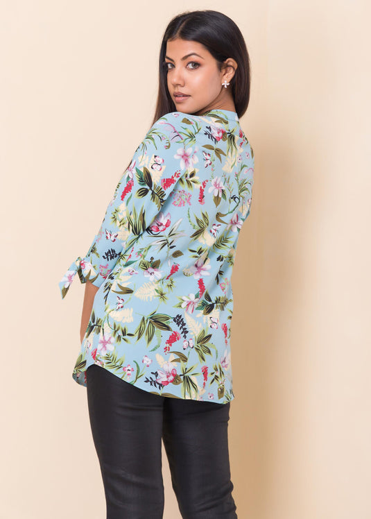 Floral printed blouse with sleeve ties