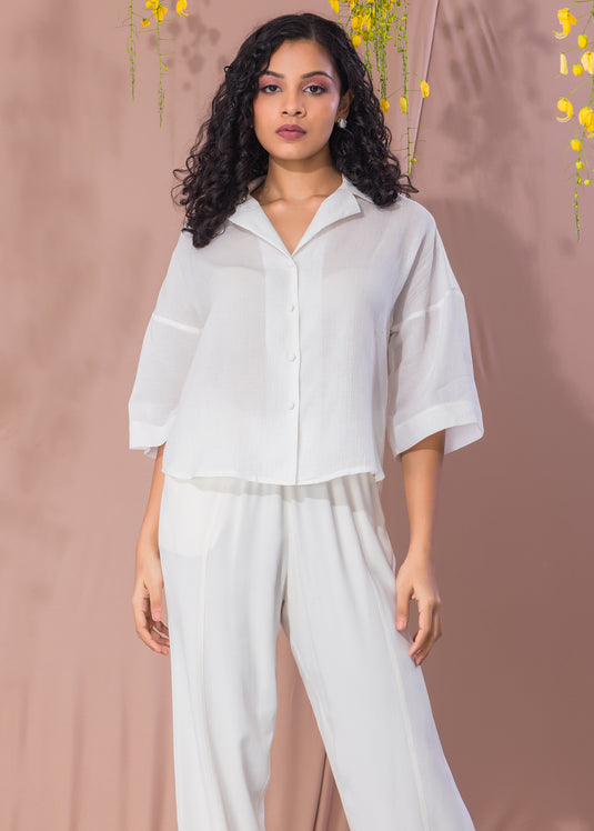 White Drop Shoulder Blouse With Cuban Collar
