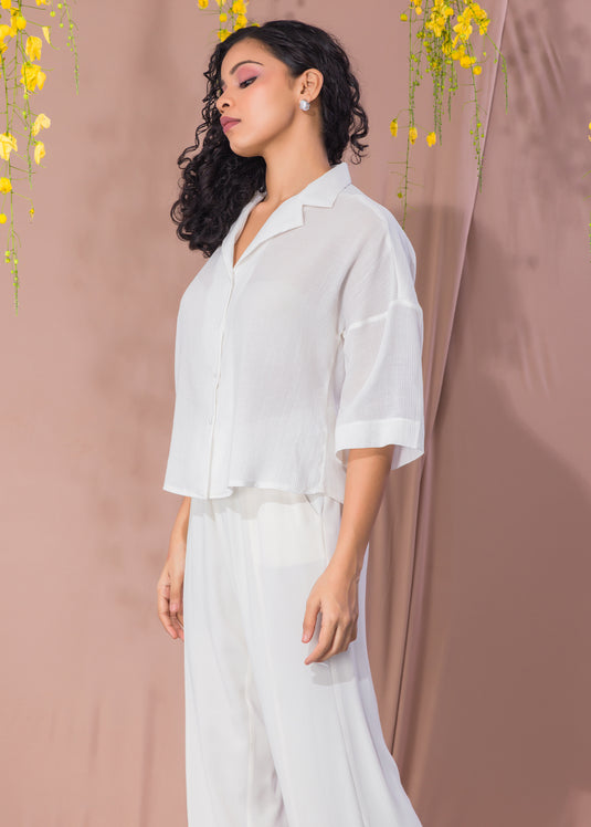 White Drop Shoulder Blouse With Cuban Collar