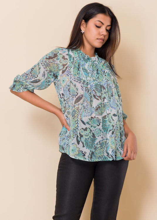 Printed blouse with smocking detail