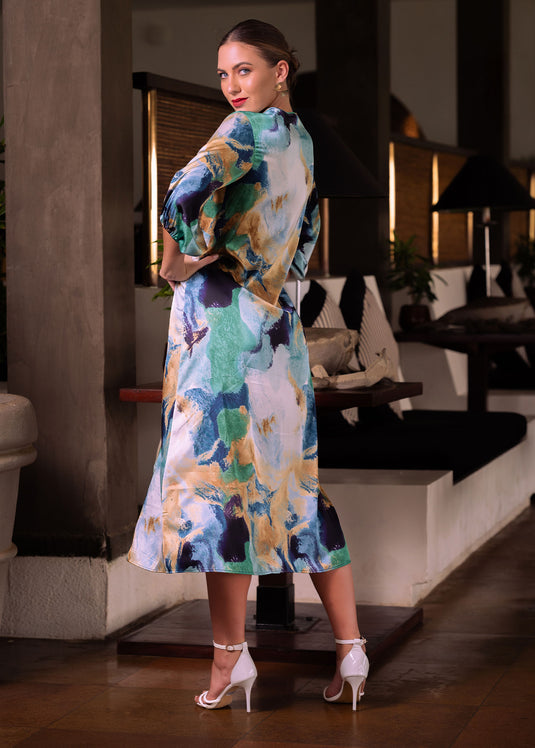 V neck printed midi dress with front drape