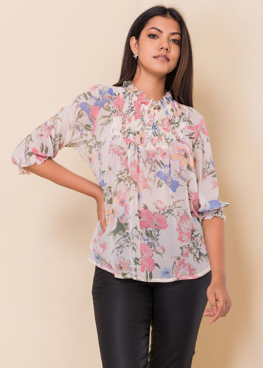 Printed Blouse With Smocking Detail