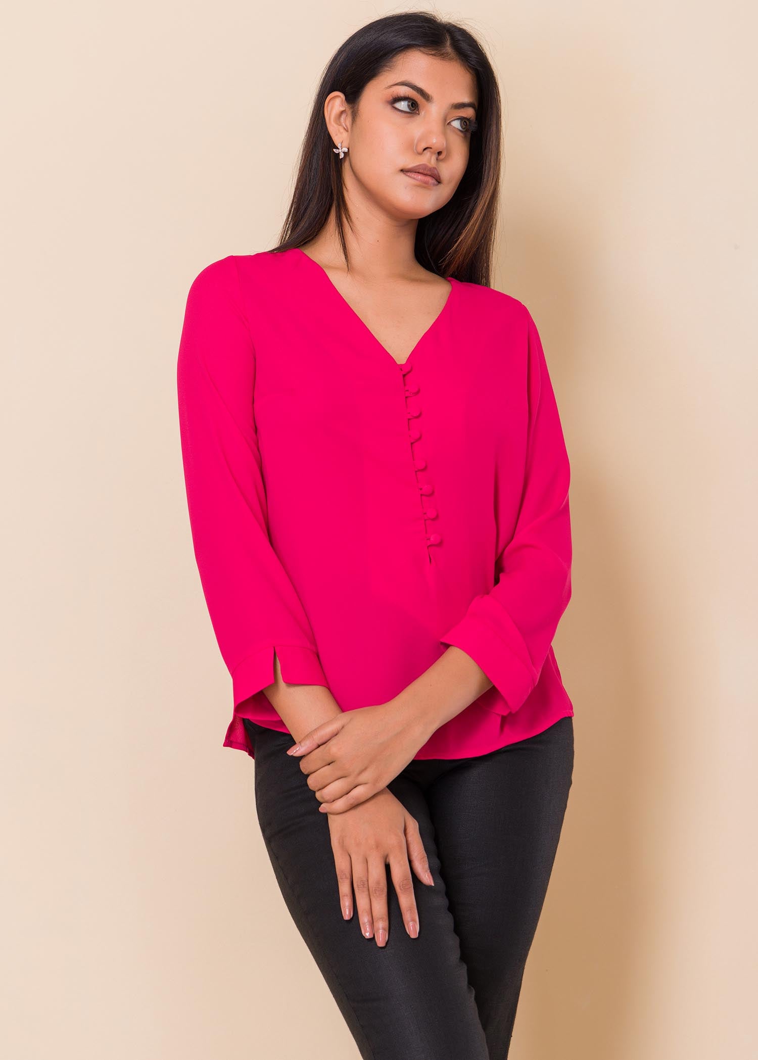 V neck blouse with covered buttons