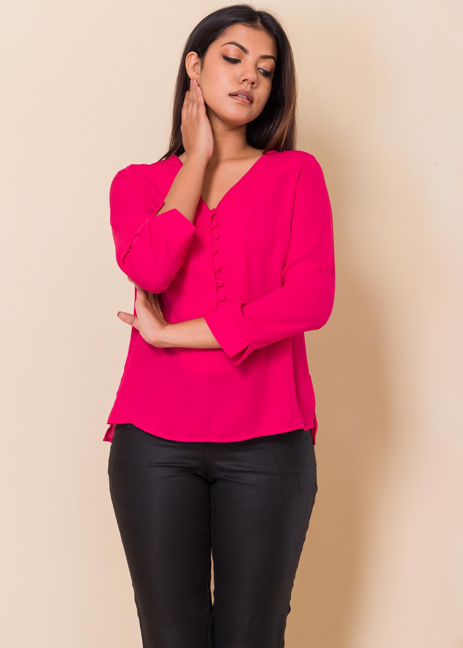 V neck blouse with covered buttons