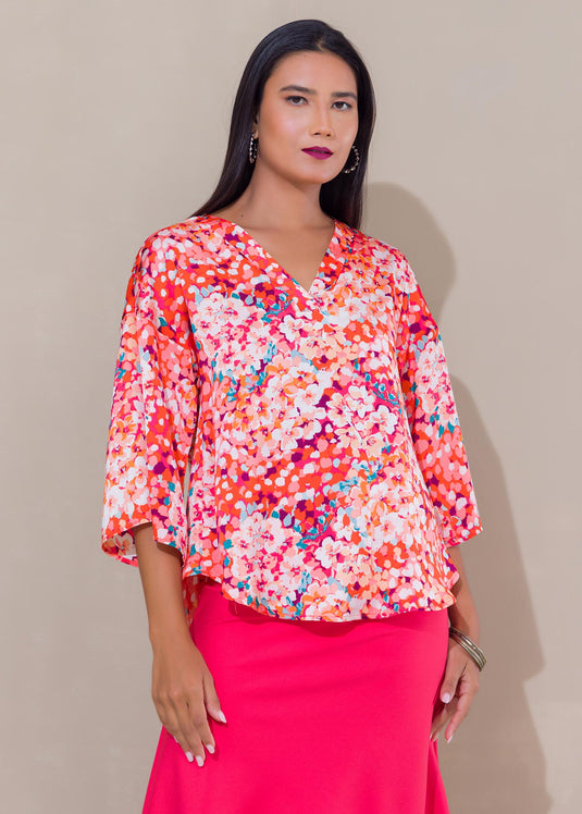 Printed V neck satin top