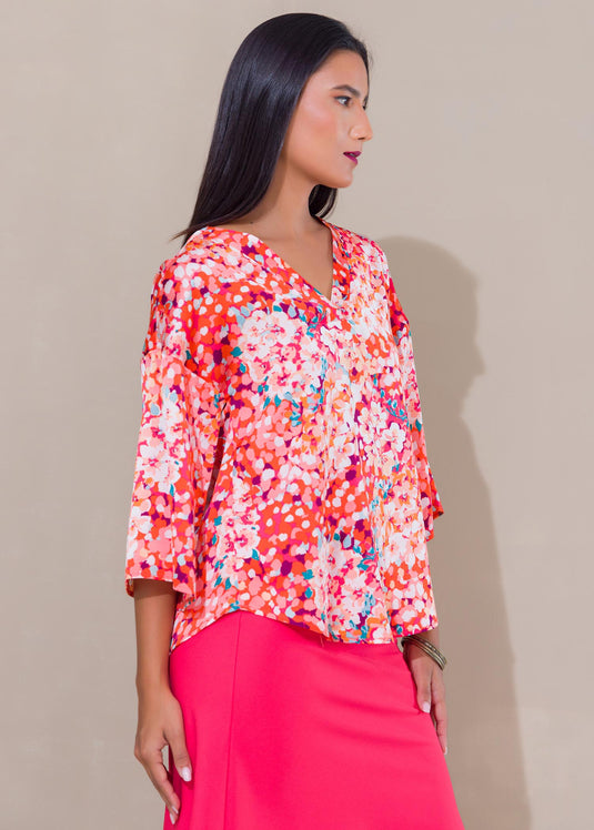 Printed V neck satin top
