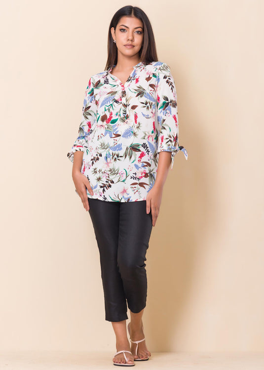 Floral printed blouse with sleeve ties
