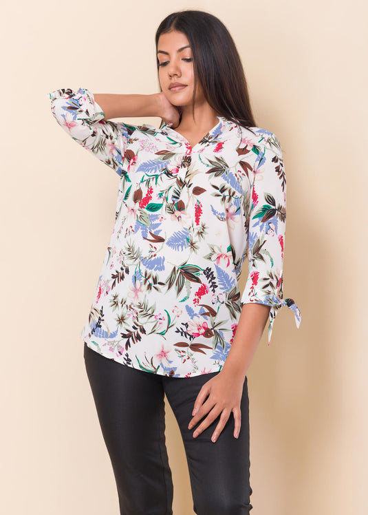 Floral printed blouse with sleeve ties