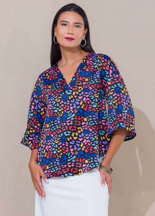 Printed V neck satin top
