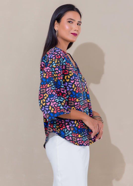 Printed V neck satin top