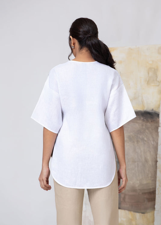 Drop Shoulder Linen Blouse With Front Pleat