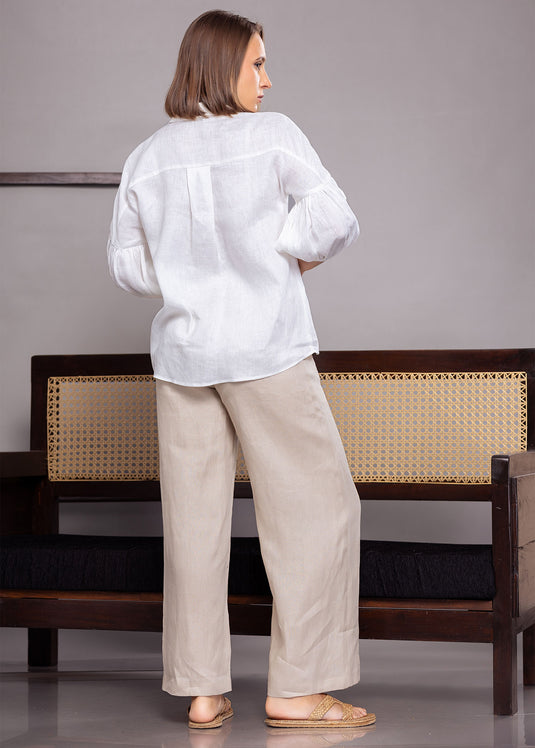 Puff sleeve linen blouse with collar and front pleat