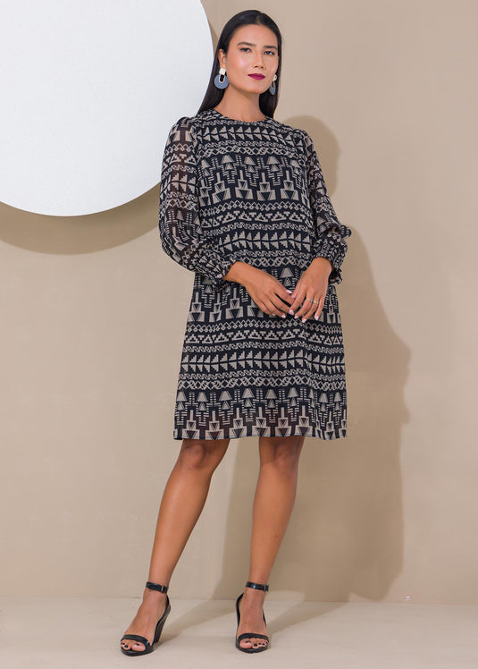 Printed shift dress with smocked cuff
